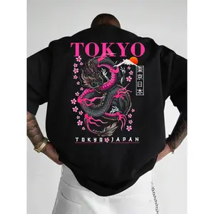 Men's Dragon & Japanese Print Round Neck Graphic T-Shirt - Regular Fit Short Sleeve Mens Clothing for Summer Daily, Sports & Outdoor Street Wear, Graphic T Shirts