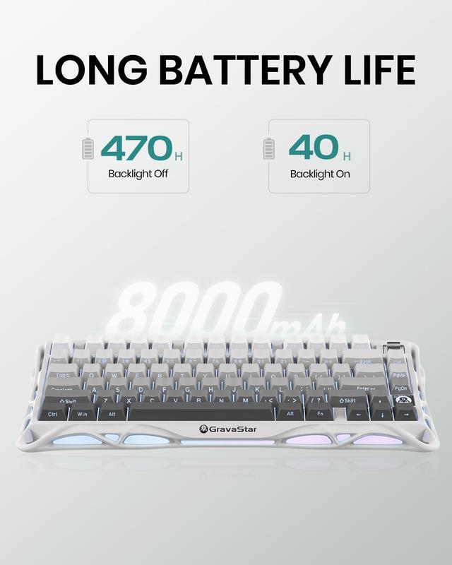 GravaStar Mercury K1 - Gradient White 75%  Wireless Mechanical Gaming Keyboard - Aluminum Alloy Exoskeleton, Gasket - Mounted, Hot - Swap Sockets, Linear Switches