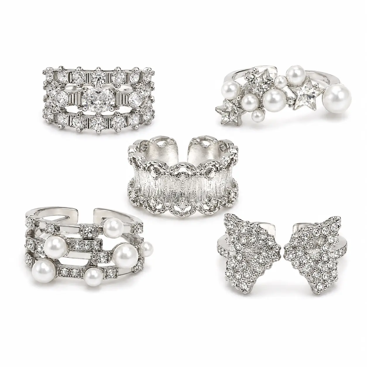 Costume Jewelry 5-Piece Pearl & Crystal Ring Set - Star, Floral Designs for Fashion Accessory Enthusiasts