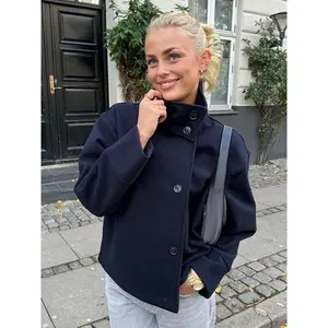 Stand Collar Women Winter Woolen Coats 2025 Autumn Single Breasted Loose Female Long Sleeve Jacket Office Lady Street Short Coat