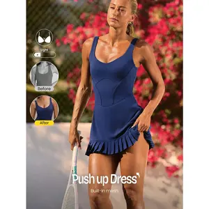 GLOWMODE FeatherFit-Air Double Time Buttery-Soft Stretchy Sweat-Wicking Pleated Mini Skirt With Built-In Shorts Side Pockets Non Slip Grips & Tummy Control Open Back Bodysuit Low Impact Tennis Golf Pickleball Daily Casual Wear
