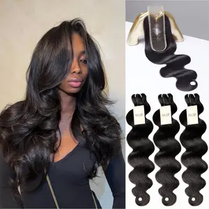 MLIP 100% Virgin Raw Indian Human Hair Bundles with 2X6 HD Lace Closure, Body Wave, Natural Black Brown Highlight Weave, Tangle-Free, No Shedding High-Quality Hair Extension