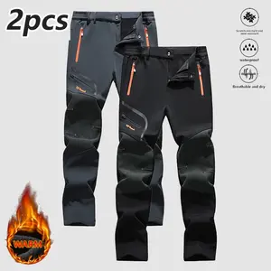 2Pcs Assorted Men's Fleece Lined Work Pants, Men's Hiking Pants - Zippered Pockets Design, Thick Fabric, Windproof & Slip Resistant, Knee Protection, Suitable for Winter Expeditions & Autumn Snow Activities, Stylish Casual Wear, Men's Fleece Warm Pants -