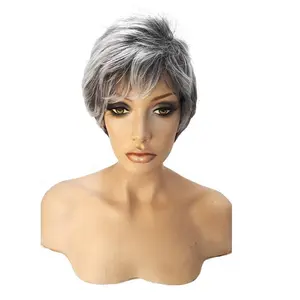 Salt and Pepper Asymmetrical Pixie Cut Pixie Cut Curly Short Synthetic Heat Resistant Wig with Bangs