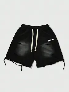Men's Loose Fit Distressed Streetwear Fashion Fleece Shorts, Summer Casual Shorts, Gradient & Fringe Details, Colorblock Drawstring, High-Quality Heavyweight Fabric, Casual Athletic Shorts, Menswear