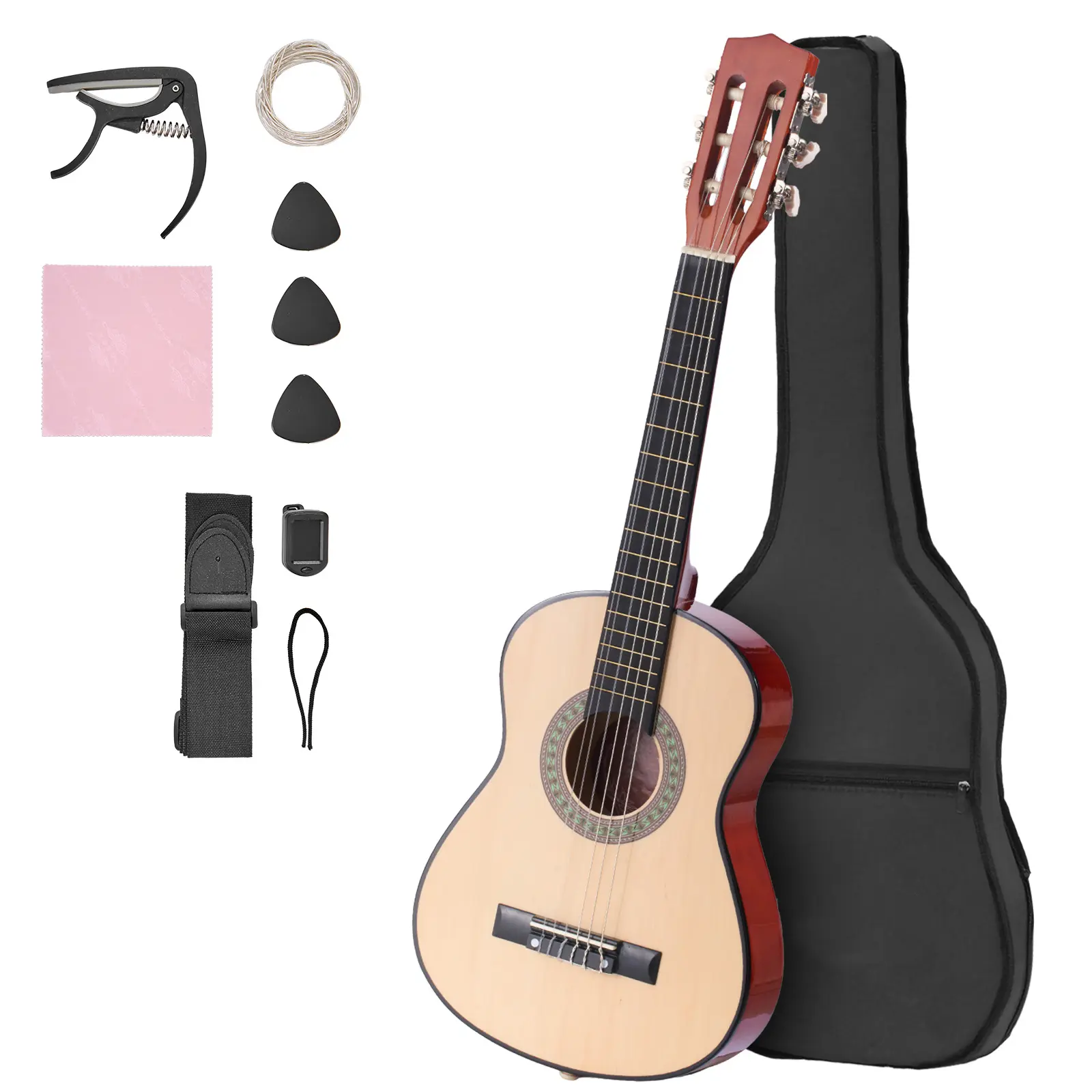 Classical Guitar, 30 Inch, Wood Classical Guitar Starter Kit for Beginners, with Nylon Strings, Gig Bag, Strap, Tuner, Extra Strings, Picks, Capo, Basswood, for Kids Girls Boys Students, Natural
