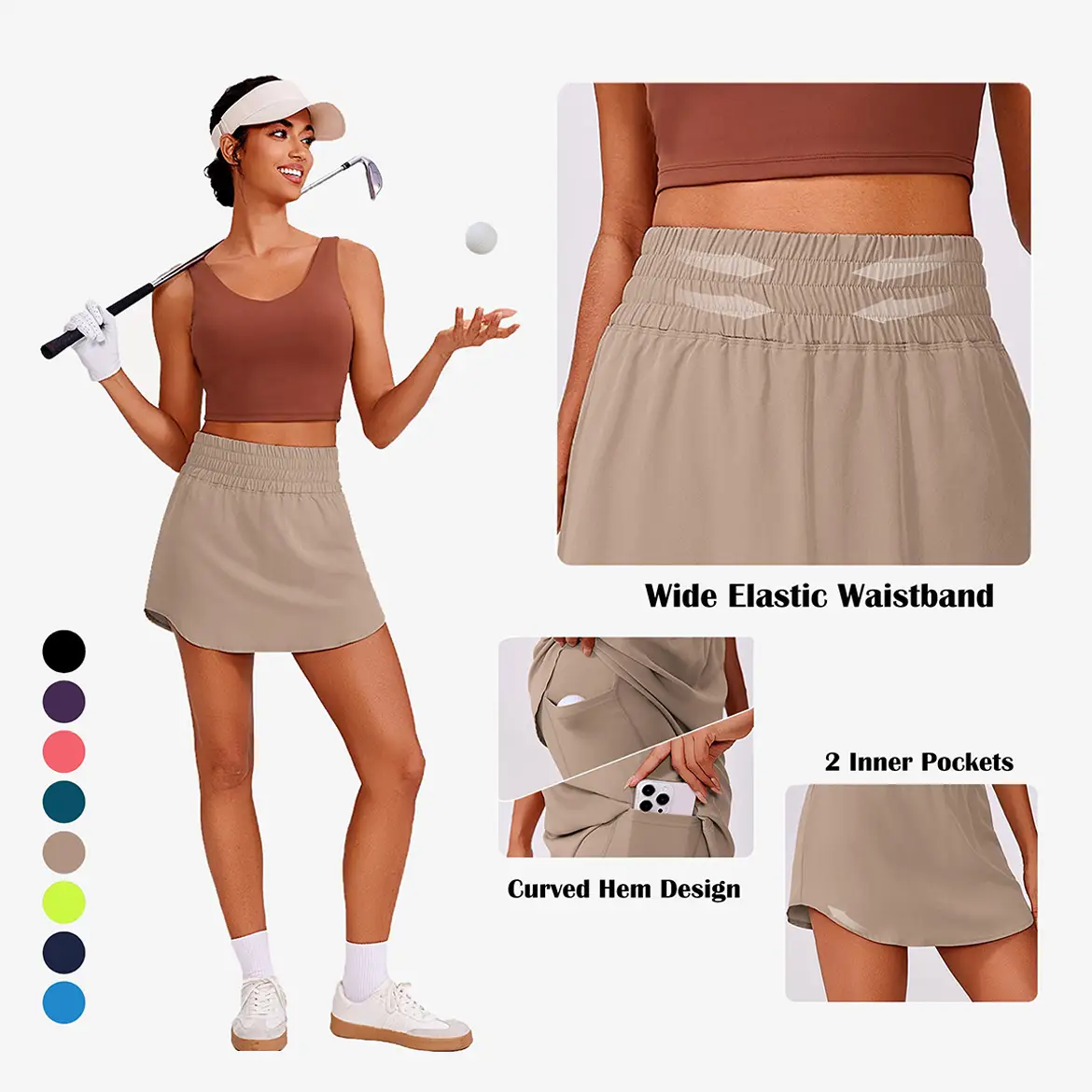 PINSPARK Golf Skirts for Women High Elastic Waisted Athletic Skort 2 Pocket Curved Hem Tennis Skirt for Pickleball Workout Sports Skort Solid Pocket S