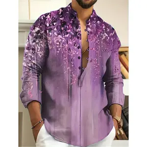 Men's Casual Long-Sleeve Henley Shirt with Floral Print, Stand Collar & 7-Button Placket - Lightweight Breathable Fabric, Machine Washable, Regular Fit for Spring/Fall, Autumn Fashion, Spring Attire, Artistic Design, Soft Texture, Decorative Buttons