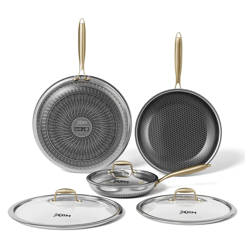 [LIVE] XBM Hybrid Nonstick Frying Pan, Tri-Ply Stainless Steel Honeycomb Skillet, Healthy PTFE/PFOA Free Ceramic Coating, Stay-Cool Handle, Induction Ready & Oven Safe Cookware Aluminium Carbon Metal pots and pans set