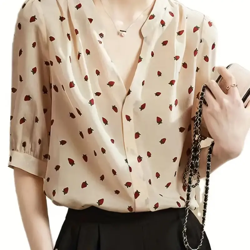 Vibrant Strawberry Print Notched Neck Elegant Short Sleeve Blouse - Polyester V-Neck Button Front Top with Random Fruit Pattern for Women - Hand Wash Only, Perfect for Spring and Summer Season