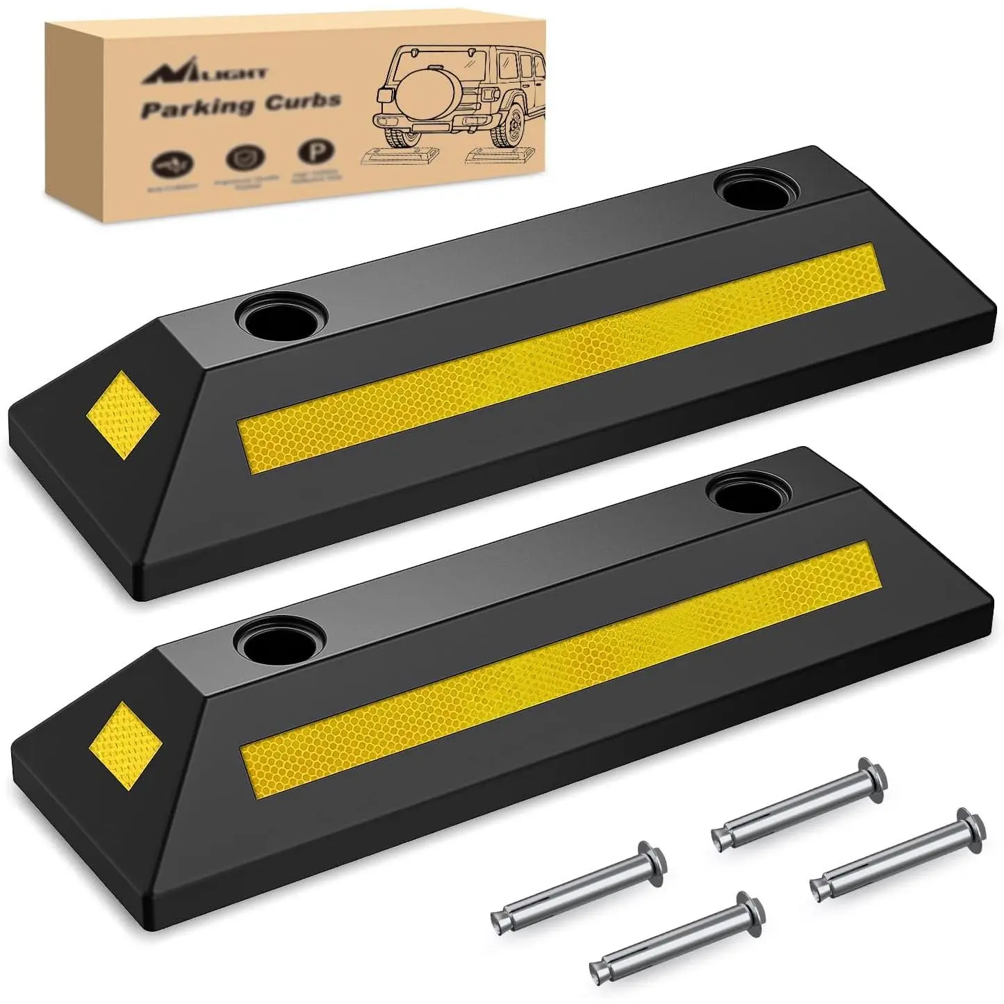 Nilight Heavy Duty Wheel Stopper Curb - 2-Pack Weather Resistant Rubber Ramp Blocks with Safety Strips, Pre-Punched Holes, Weight Capacity for Garages, Commercial Parking Lots, Portable Or Fixed