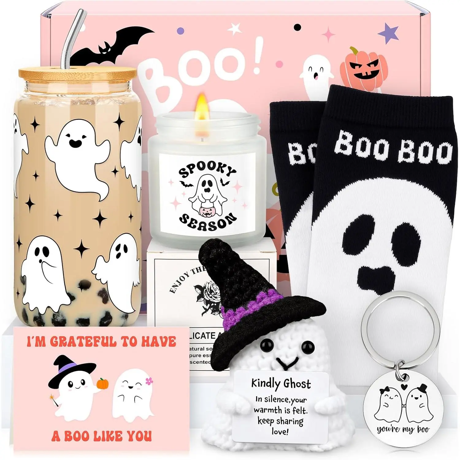 Halloween Gifts Basket for Adults Boo Baskets for Women Spooky Basket Stuffers for Women Cute Halloween Gifts Box with Glass Cup Socks Fall Boo Baskets Ideas for Teen Girl Her Best Friends Girlfriend