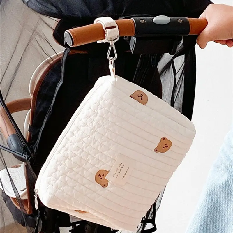 Baby Diaper Bag with Zipper Design, Portable Bear Embroidery Stroller Hanging Bag, Cute Travel Organizer for Essentials, Diaper Tote, Toddler Diaper Bag, Diaper Handbag Tote, Diaper Purse