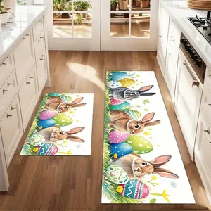 2Pcs Easter Three Rabbits Flowers Floor mat set including farmhouse kitchen Rug dining room flooring laundry room decorative carpet mat