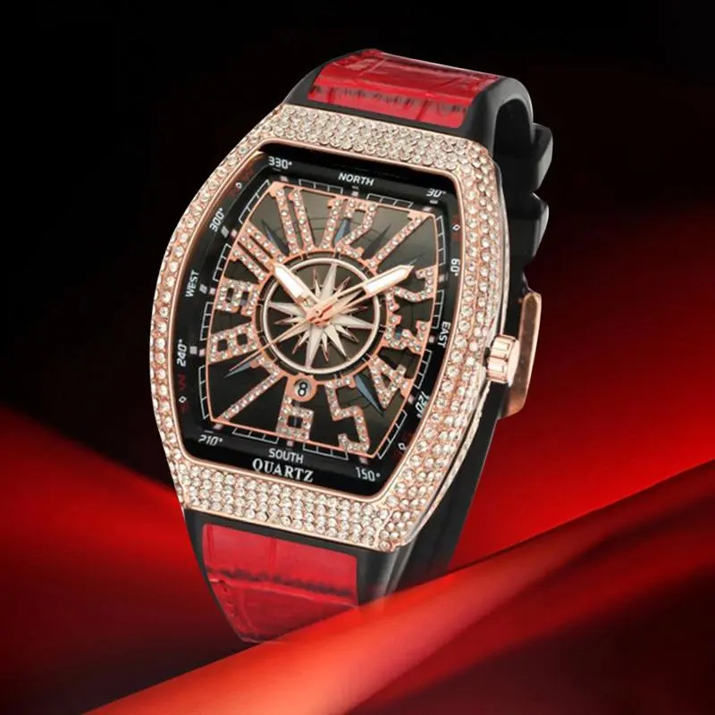 Men's Luxury Watch, 42mm Steel Case with Bezel Diamonds, Swiss Movement, Sapphire Crystal & Cowhide Leather Strap, 42Mm Watch, Formal/Casual, Steel & Cowhide, Clasp, Cow Hide, 3 Years, 30M - 50M, Analog-Digital, Waterproof Luminescent, Diamond Marks