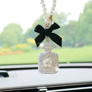 Creative Bow Rhinestone Perfume Bottle Car Hanging Ornament, Elegant Rearview Mirror Car Accessory Gift Decoration, Car Interior Decoration