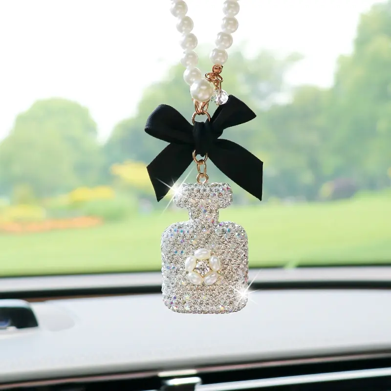 Creative Bow Rhinestone Perfume Bottle Car Hanging Ornament, Elegant Rearview Mirror Car Accessory Gift Decoration, Car Interior Decoration, Car Interior Accessories