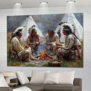 1pc Native American Indian Campfire Pattern Vibrant Bedroom Tapestry, Party Decoration Background, Wall Hanging for Living Room, Office, Ideal for Holiday and Birthday Decor, Stylish Home Accent, Perfect Gift for Friends and Family