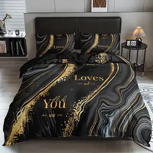 3pcs High-End Marble Pattern Gold Line Heart Love You Always Soft Bedding Set, 1 Fitted Sheet + 1/2 Pillowcases No Core, All Seasons Home Dorm