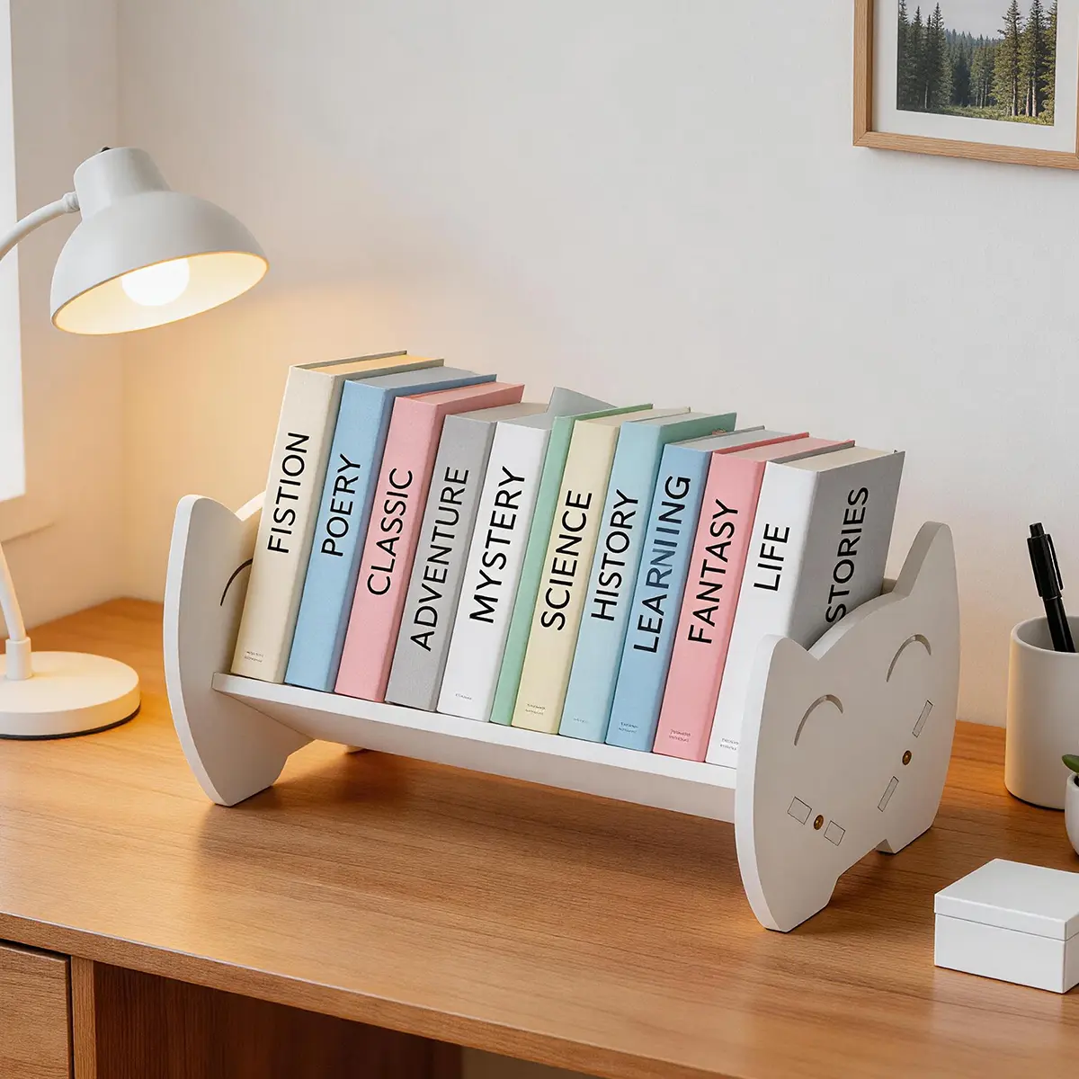 Kids Bookshelf Desktop Storage Organizers,Saving Space  Desk Rack, Cartoon Floor Standing Bookcase for Office,School(White) (32x21.5x19.5cm)
