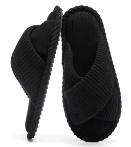House Slippers for Women Open Toe Fuzzy Corduroy Memory Foam Anti-Skid Indoor Outdoor Crossband Warm Gifts for Women Size 11 12 Purple