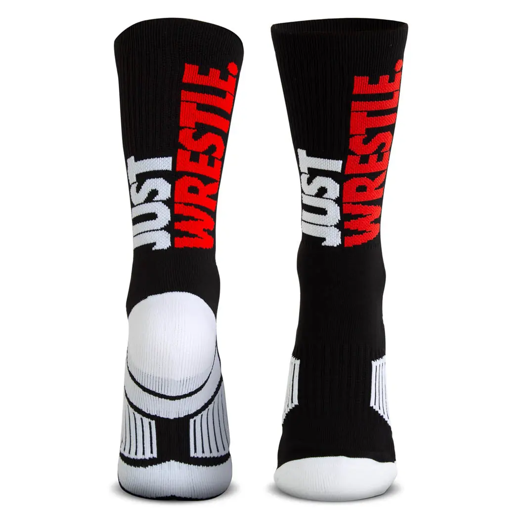 Menswear Athletic Crew Socks - Woven Mid-Calf, Activewear Sportswear for Wrestling, Just Wrestle (Black), Moisture-Wick, Logo Print