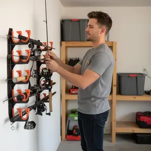 Space-saving 2-piece fishing rod rack | Wall-mountable or ceiling-mounted, featuring soft TPU padding and ABS plastic construction, suitable for storing surf fishing, spinning, aluminum alloy, and trolling rods (accommodates up to 5 rods) Adjustable Speed