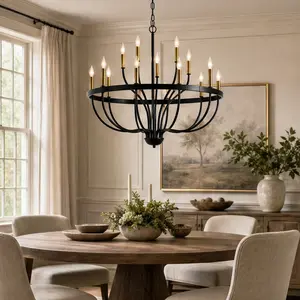 ARCH 15-Light Industrial Iron Candle Chandelier Modern Farmhouse Pendant Light Fixture Gold+Black Metal Adjustable Height for Dining Room Living Room Kitchen Island Foyer Bedroom No Bulb Included, Gold+Black Color Options, Metal Material