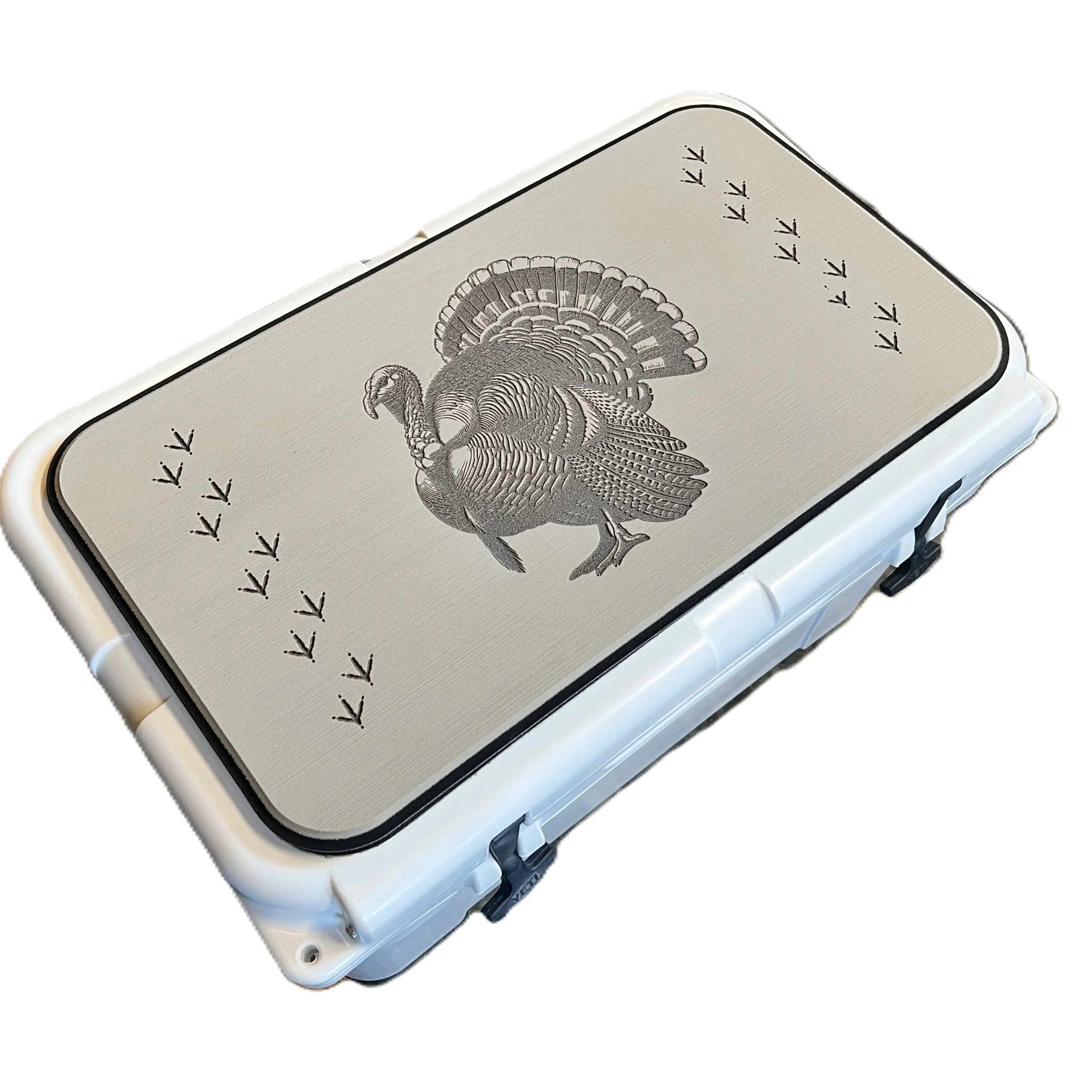 Top fits YETI Tundra, Haul, Roadie, & Wheeled Cooler Lid-Strutting Gobbler & Turkey Tracks Logo-Tan/Black-Easy Peel & Stick-3M Adhesive-VORTEX COOLER PAD-UV Stable-Stain Resistant-Weather-Resistant-Slip Resistant-Water Resistant-Made in USA