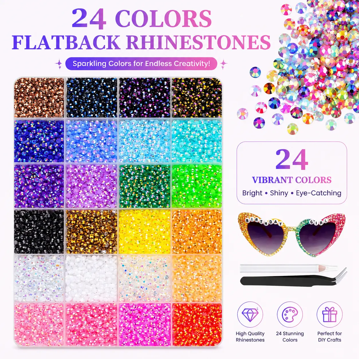 Flatback Rhinestone Assortment, 24 Colors 30000pcs Jelly Resin Crystals, 3mm Plastic Gems with Tweezers for Clothes, Crafts, Tumblers & Nail Art, Glamorous, Crafts/Clothes, 24 Stunning Colors, 30000 Pcs, Perfect For Diy Crafts