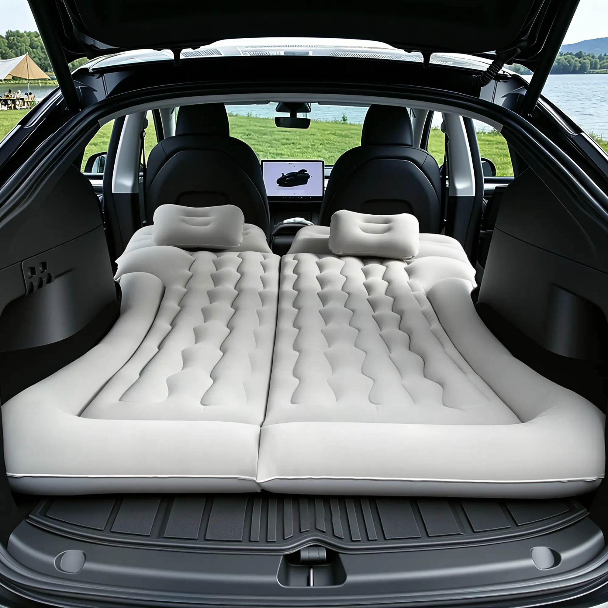 SUV Inflatable Airbed - Wear-Resistant Thick Flocked PVC Multi-Chamber Car Seat Trunk Bed with 2 Pillows, Dedicated Mobile Cushion, Waterproof Design, Electric Air Pump, User Manual, 6-Bag Stability, Portable Travel Bed Cots for Outdoor Camping
