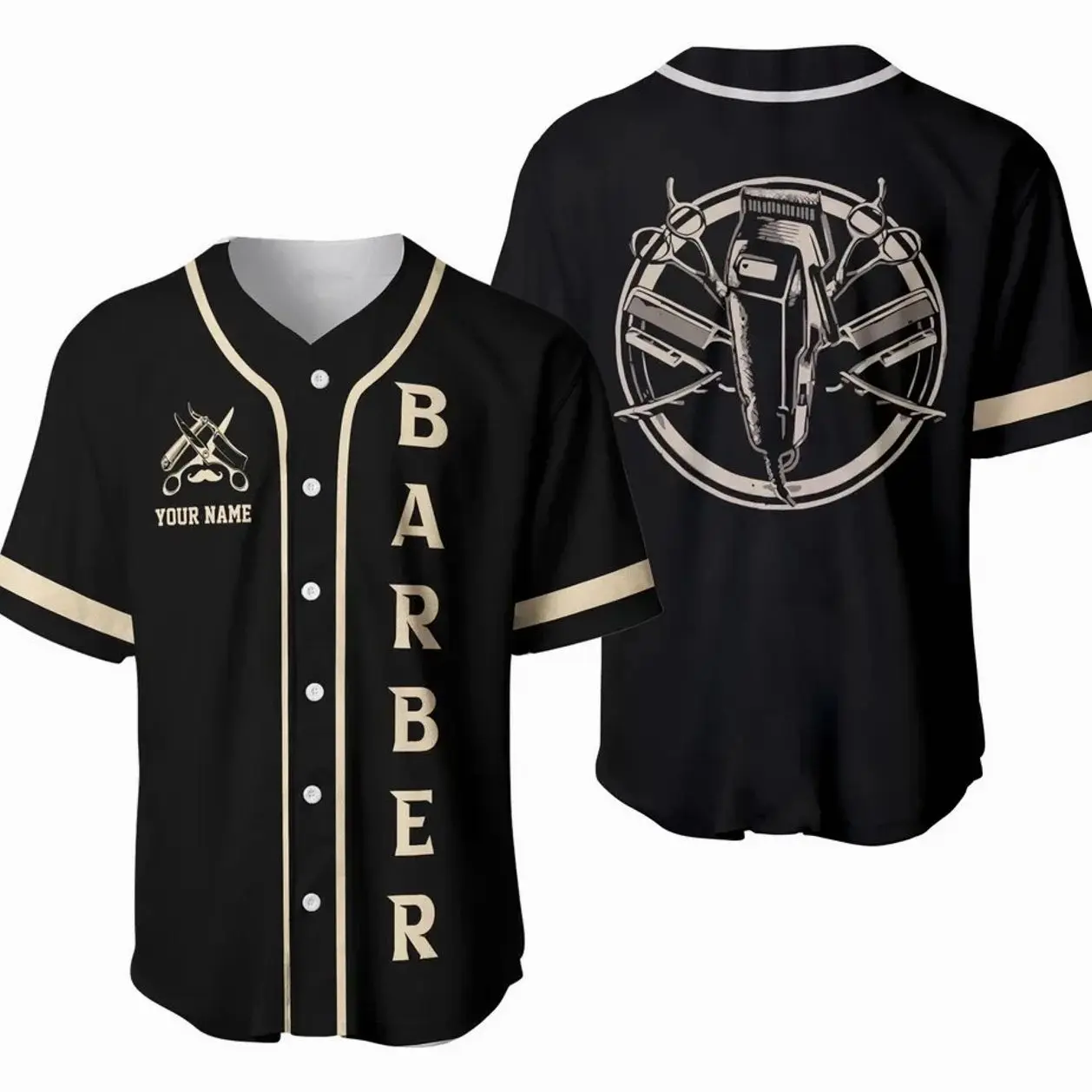 Custom Barber Shop Baseball Jersey Personalized Hairdresser Black Gold Gift