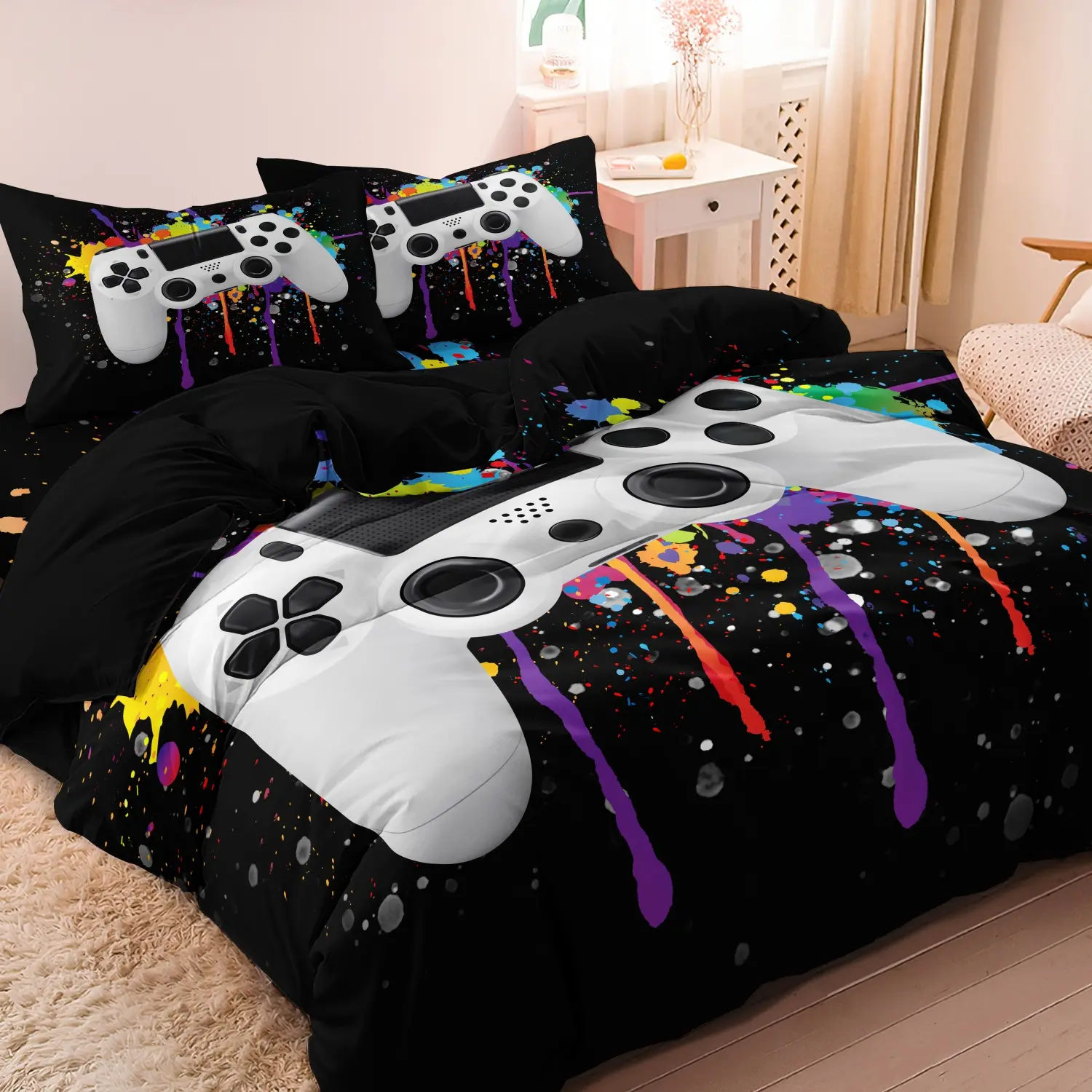 3pcs Set Boys Youth Fashionable Cool Video Game Controller Mouse Keyboard Headphone Pattern Bedding Duvet Cover Set - Modern Gamepad Print - Digital Print Bedding - Theme Bedding Set - (1Duvet cover+2Pillowcase，No quilt)