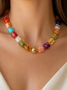 Colorful Beaded Necklace for Women, Handmade Natural Stone Statement Necklace with Resin Accent, Adjustable Multicolor Chunky Bead Choker, Boho Fashion Jewelry Gift for Women Girls