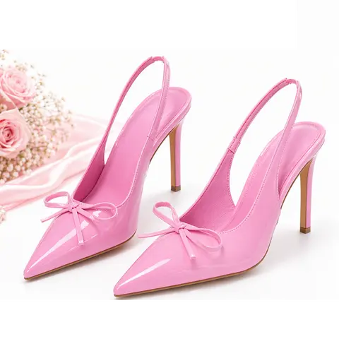 AOSPHIRAYLIAN Women's Elegant Patent Leather Ankle Slingback Heels - Pointed Toe, Stiletto Heel, Bow Detail, Plain Design, Sleek Lines, Bold Glossy Finish for Weddings, Evening Fashion Events
