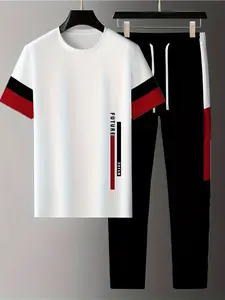 Men's Casual Sportswear Set for Spring Summer AutumnWinter Two-Piece Striped Printed Short-Sleeved T-Shirt & Long Pants Outdoor Street Fashion Christmas HalloweenBlack Friday Gifts