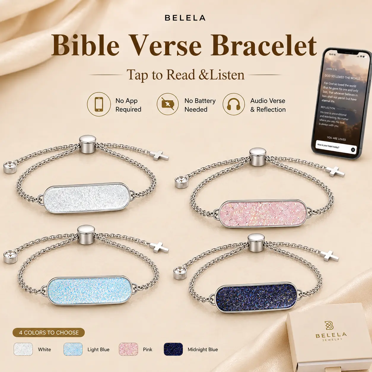 Belela Daily Bible Verse NFC Bracelet for Women – Tap or Scan to Read Scripture on Phone, Christian Mother’s Day Gift for Mom & Loved Ones, Inspirational Christian Jewelry, Personalized Customizable