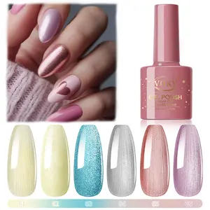 VOKY Set-1 6-Pack Metallic Iridescent Gel Polish (Bottles #61-66, Pearl Shimmer Collection), 5-Free UV LED Soak-Off Cosmetic Nail Art Kit, Low-Odor, Rose Gold Silver Blue Purple Hues, Long-Lasting High Gloss for All Lengths, Spring Glow Up