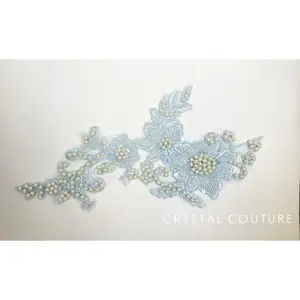 Powder Blue Embroidered Beaded Floral Applique with Pearls.