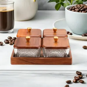 Square Glass Snackle Box Container Snack Organizer and Fruit Platter with Walnut Wooden Lids and Tray Divided Serving Tray for Nuts Candy Fruits (4Jars)