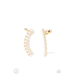 Doubled Down On Dazzle - Gold White Rhinestone and Pearl Crawler Earrings - Paparazzi