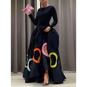 Elegant Women's A-Line Maxi Dress with Long Sleeves, Round Neck & Colorful Patchwork Design - Perfect for Fall/Winter Parties, Banquets & Casual Wear - Available in Black, Sizes S to 2XL, Cute Dresses