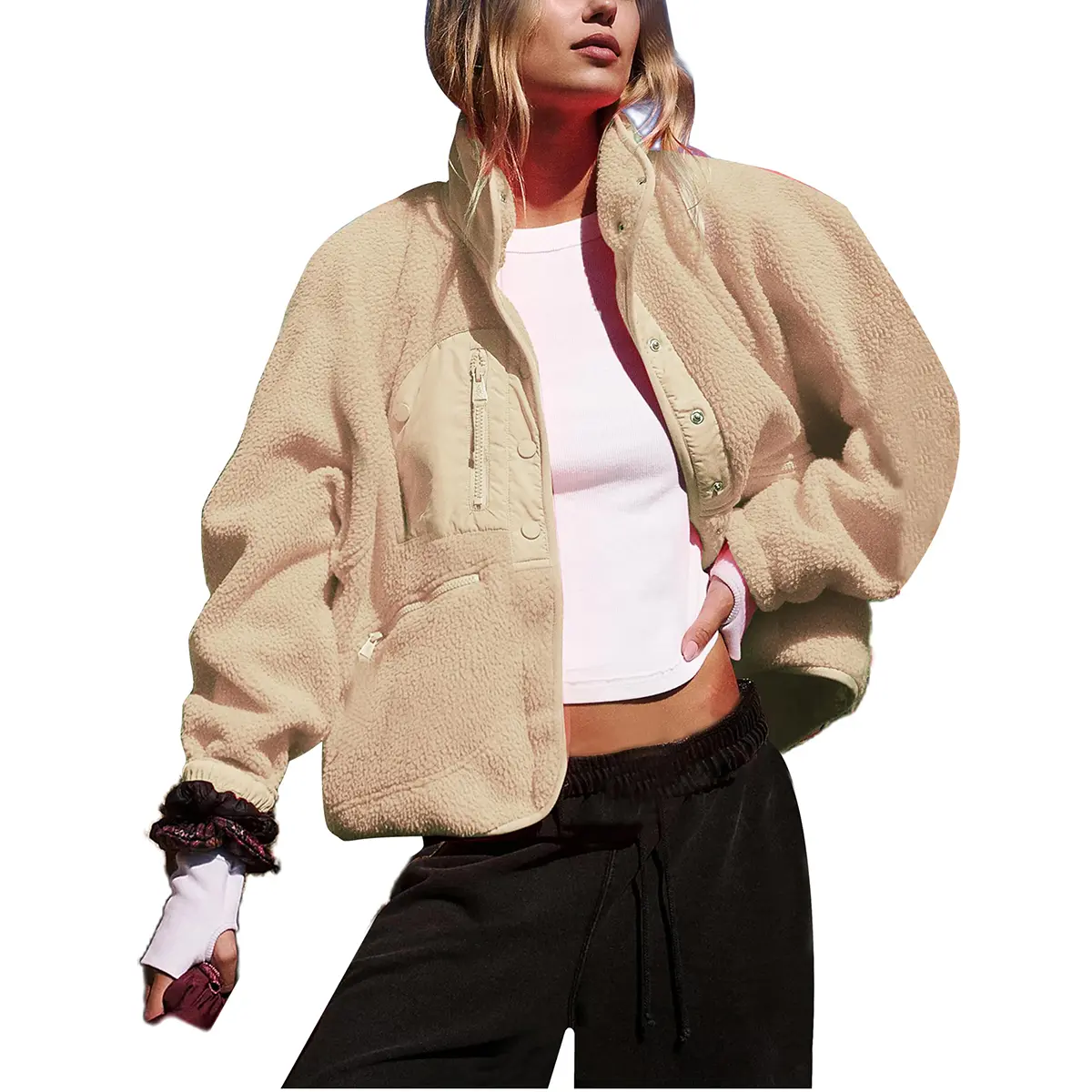 Mibbory Women's Cropped Sherpa Lined Fleece Jacket 2026 Fall Warm Button Down Fuzzy Coats Shacket Outerwear with Pockets