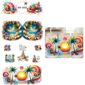 4pcs Starfish Shell Sunset Beach UV DTF Cup Wraps Transfer Waterproof Sticker for Glass Cups Furniture Craft DIY Crafts Rub on Transfer Stickers for DIY Water Bottle Laptop Decal Car