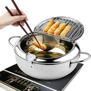 Japanese Deep Fryer Pot Stainless Steel with Lid Tempura Fryer Pan Thermometer Oil Saving Deep Frying Pan Gas Induction Cooker
