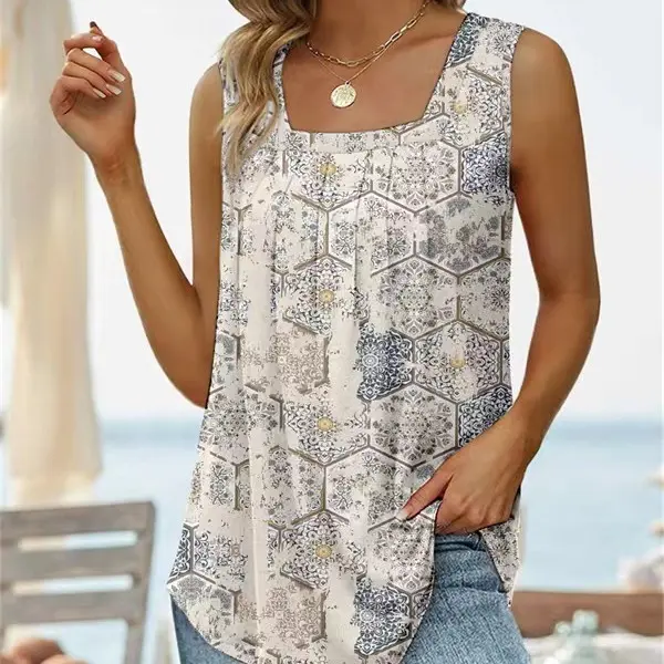 2024 Amazon New Wish European and American Hot Summer Sleeveless Square Neck Printed Tank Top T-Shirt Cross-Border Foreign Trade Women