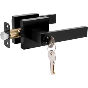 Entry Door Handle with Lock and Key Matte Black Door Lever Modern Exterior Door Handles for Left Right Heavy Duty Front Door Lock Knob, 1 Pack