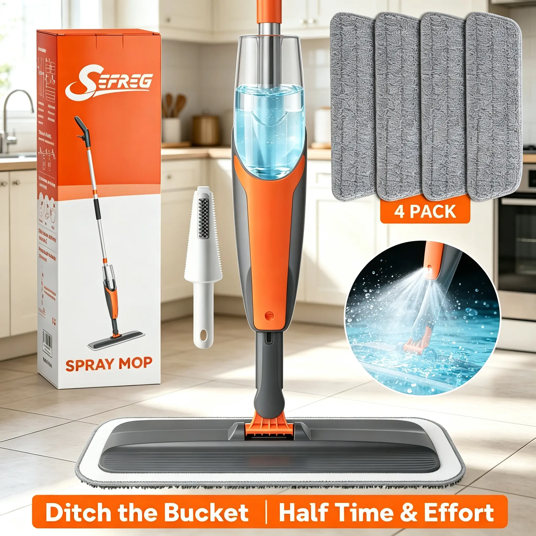 Spray Mop with 4 Microfiber Pads, 360° Rotating Head & Wet/Dry Use for Multi-Surface Cleaning