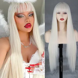 Xinran Long Platinum Blonde Wigs for Women Synthetic White Blonde Wig with Bangs Straight Platinum White Color Cosplay Wig for Halloween Party 30inch