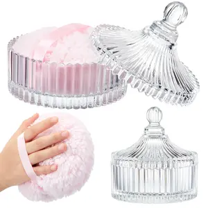 Extra Large Dusting Powder Puff and Container for Women-4“/6'' Glass Crystal Dusting Powder Container with 5.91'' Body Soft Washable Reusable Velour Face(Clear,Classic)